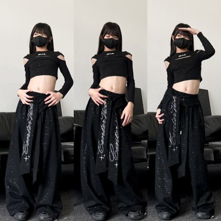 春季新款童装潮酷女童修身露肩长袖绑带满钻裤子少儿爵士舞套装