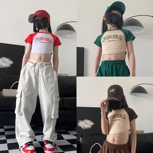 可达鸭家童装夏季新款女童插肩袖短袖上衣T恤潮酷爵士舞修身上衣