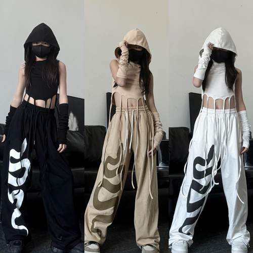 2025春夏新款女童废土风连帽背心印花卫裤少儿爵士舞演出服两件套