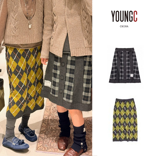 JUNWEILIN【蓝白格纹解构拼接羊毛半裙】设计师品牌 no退可换