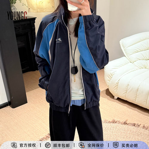 对倒设计师拼接复古运动夹克女