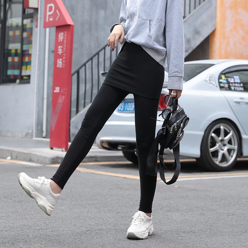 加绒加厚秋冬外穿女士修身保暖显瘦包臀裙裤弹力假两件打底裤新款