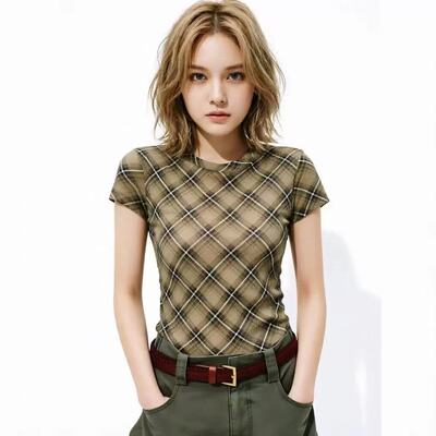 MO家上衣T恤女2026夏新品格纹印花高弹修身圆领正肩MBF2TOP059
