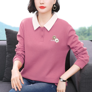 翻领长袖t恤女2026春秋装新款大码POLO领上衣中老年人妈妈卫衣女