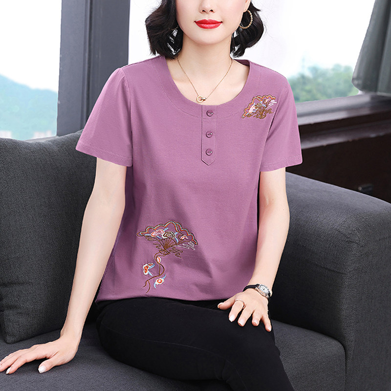 妈妈夏装2026新款纯棉短袖t恤女中老年时尚洋气小衫减龄大码上衣
