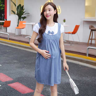 圆领假两件中长款 2024年孕妇夏装 纯棉孕育期夏季 大码 连衣裙短袖