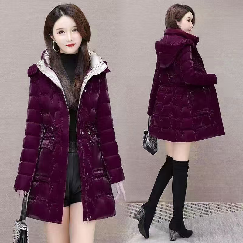 冬季爆款新款棉衣女中长款炫彩免洗亮面加厚保暖棉袄修身时尚棉服