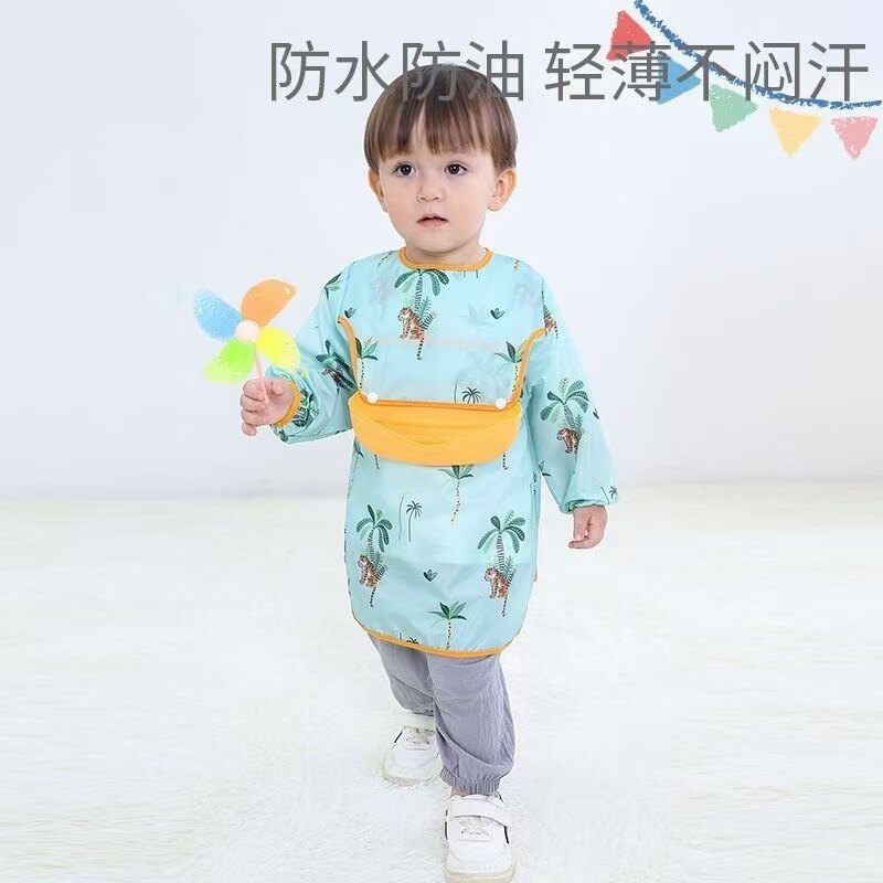 儿童吃饭罩衣婴儿童防水脏围裙春秋薄款长袖男女宝宝围兜反穿衣