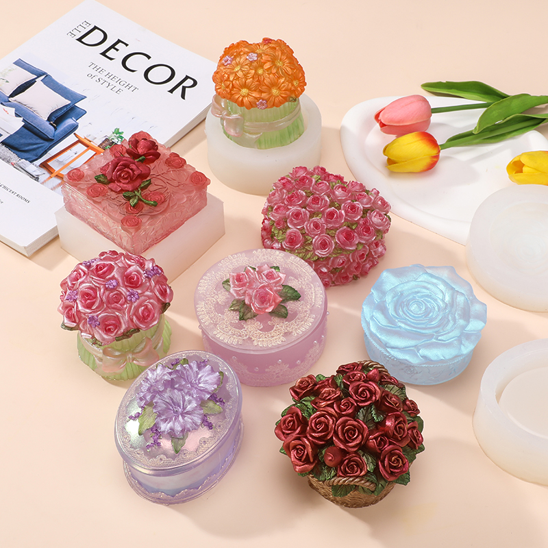 diy水晶滴胶翻模玫瑰百合向日葵收纳盒硅胶模具石膏个性创意模具