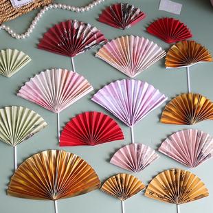 新中式国风扇子生日蛋糕装饰插件国潮纸扇红色金色折扇甜品台摆件