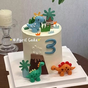 饰品 卡通小恐龙儿童生日蛋糕软胶立体恐龙小草成品森系摆件插牌装