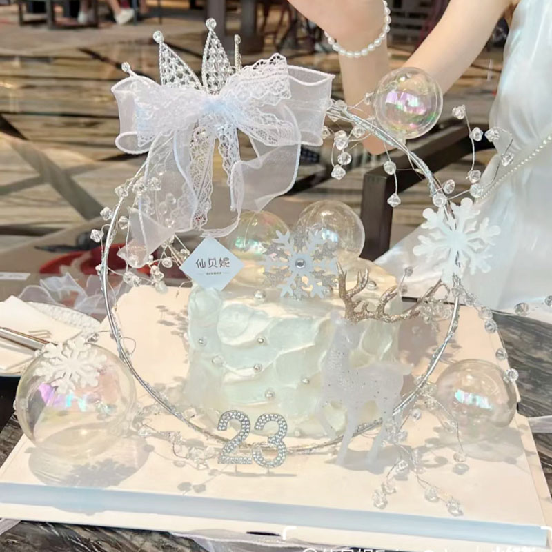 麋鹿水晶鹿铁圈超仙女神告白求婚蛋糕水钻数字雪花皇冠烘焙装饰