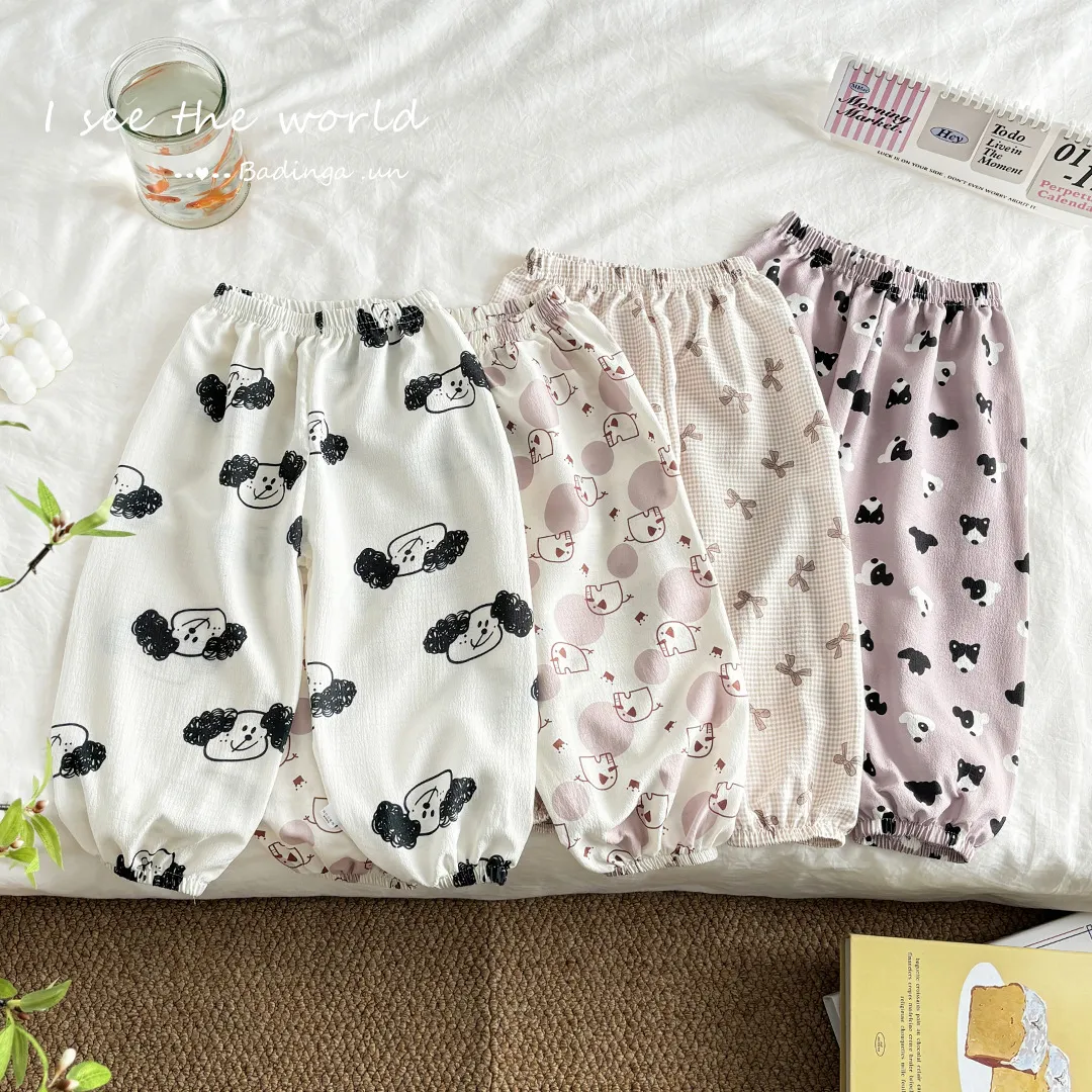 儿童夏季防蚊裤男童印花泡泡棉直筒束脚裤女宝宝可爱宽松防蚊长裤