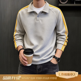 浅灰色三条杠polo领卫衣男生秋季美式潮牌龙鳞纹长袖t恤情侣上衣