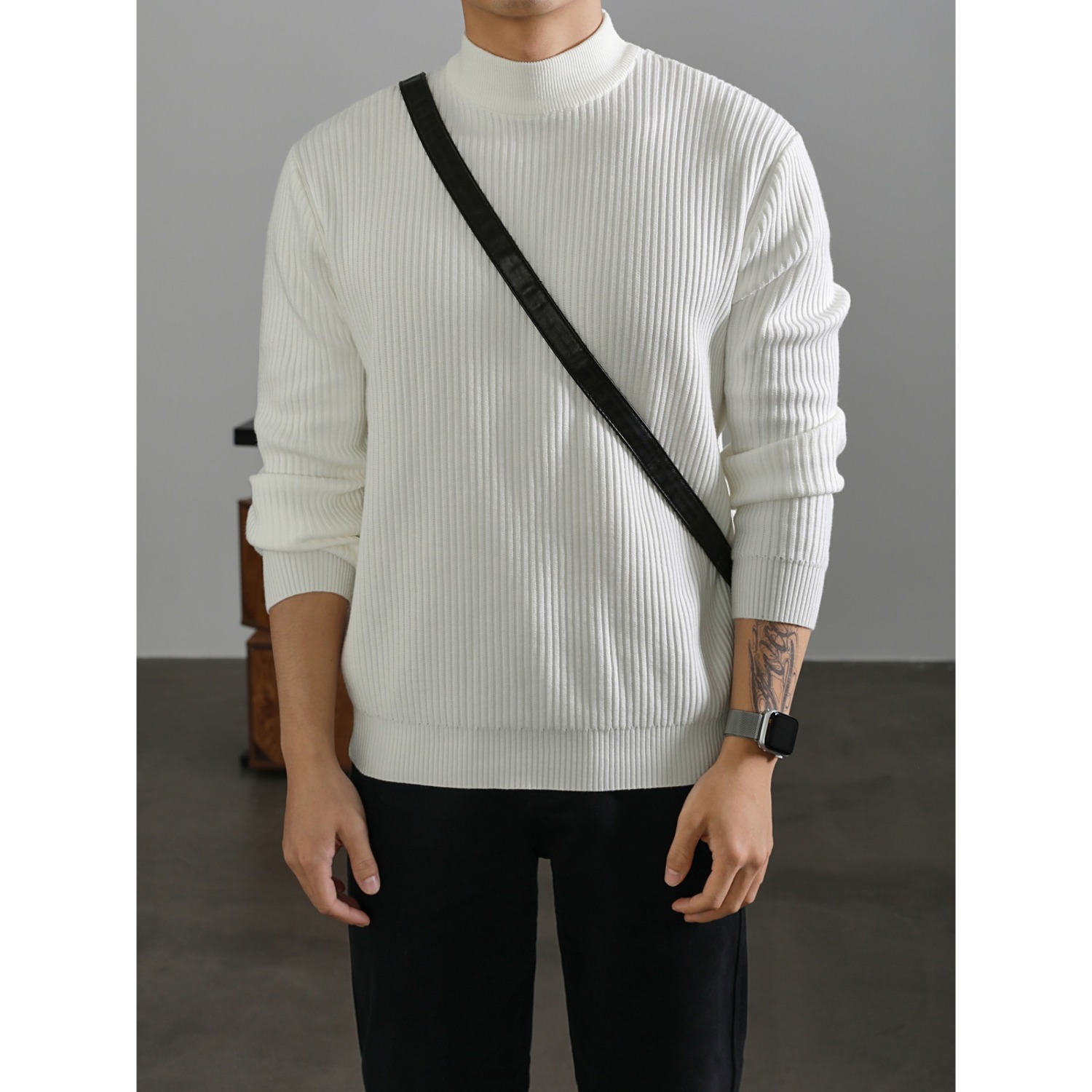 白色韩系半高领毛衣男款秋冬季高级感痞帅cleanfit内搭针织打底衫