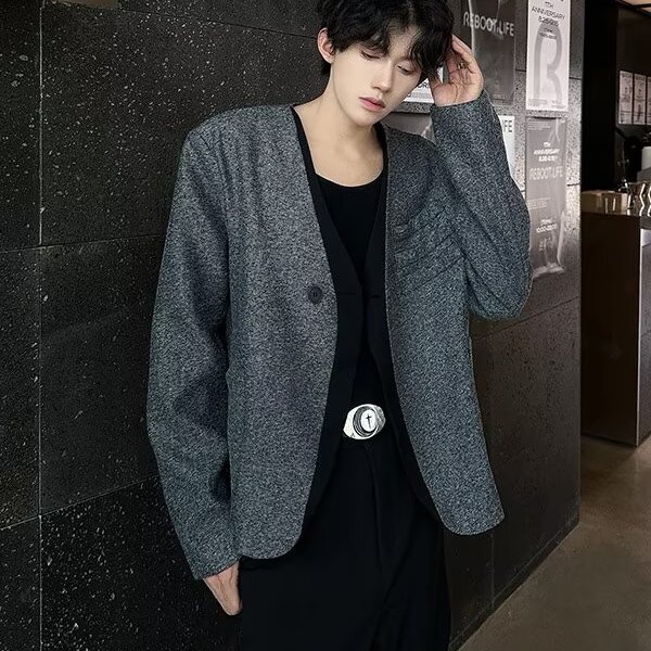 无领垫肩西装外套男短款