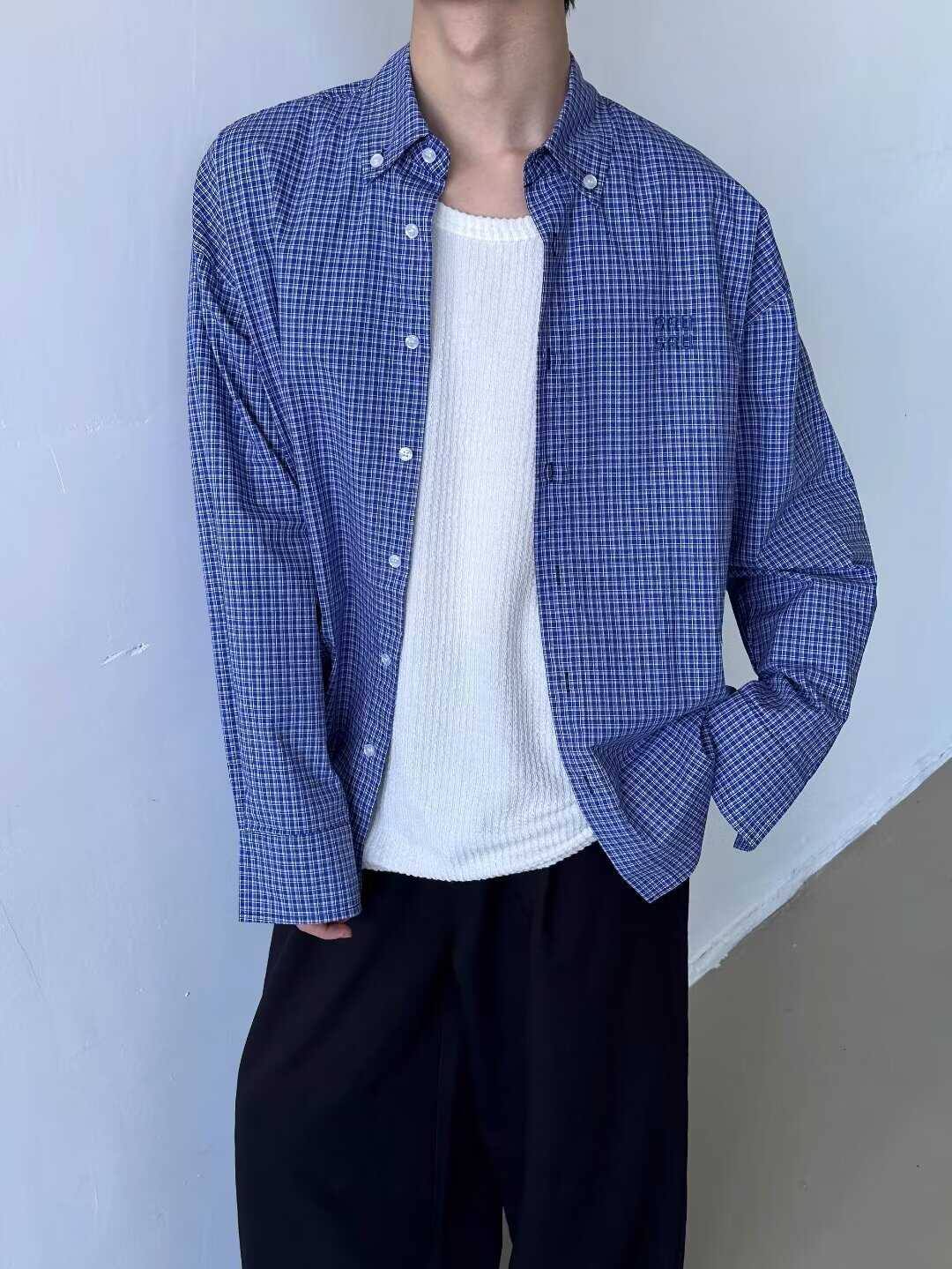 宽松高级感慵懒格子蓝色长袖衬衣