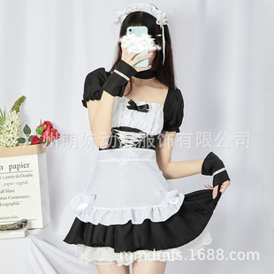 日系可爱lolita女仆性感蕾丝绑带收腰外穿连衣裙黑白诱人制服衣服