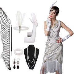 1920S复古亮片连衣裙女士盖茨比晚宴会礼服羽毛头饰项链八件套装