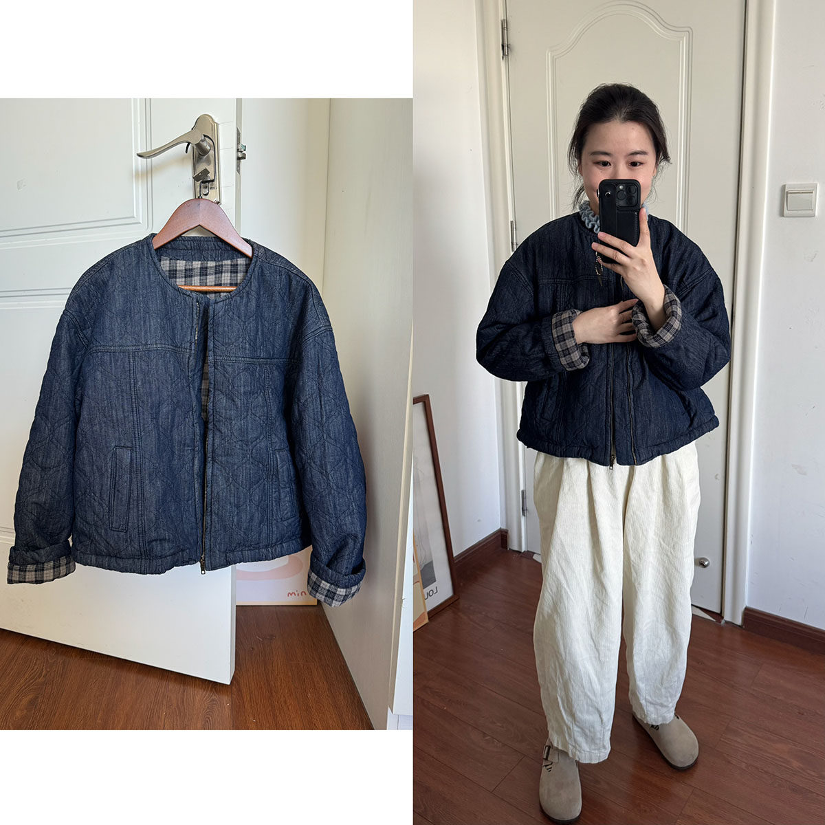 Decemberrush 秋冬圆领绗棉牛仔夹克棉服小个子短外套