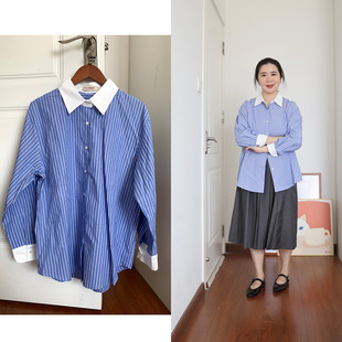 翻领衬衫 DecemberRush 简约通勤拼接条纹廓形女士长袖