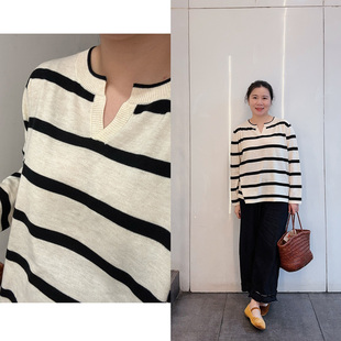 Decemberrush慵懒风宽松软糯条纹上衣女薄款 针织衫