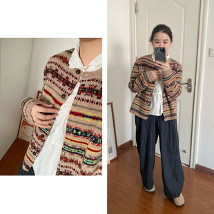 Decemberrush全羊毛提花费尔岛圆领单排扣针织开衫 上衣毛衣