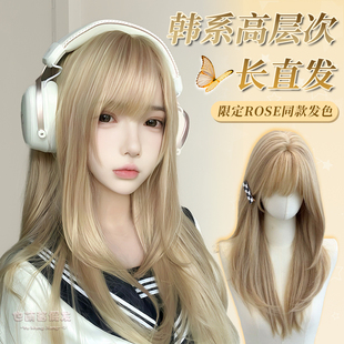 白金色假发女高层次长直发齐刘海cos全头套 rose同款 日光金纱