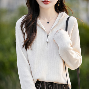 春秋新款半拉链连帽针织衫女套头薄款精纺纯羊毛长袖短款打底上衣