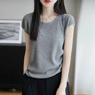 莱赛尔天丝亚麻薄款t恤女圆领抽绳飞袖针织上衣夏季宽松显瘦短袖