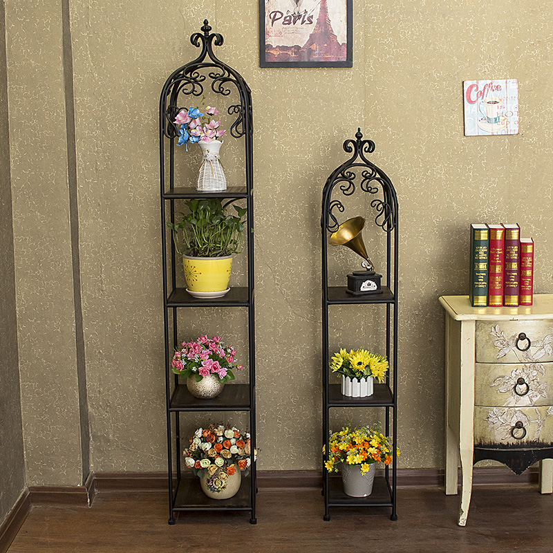 包邮美式复古书架实木铁艺花架花几阶梯落地式多层方形置物架新款