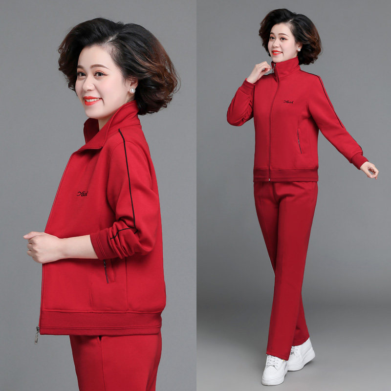 中老年女装妈妈运动服套装春秋新款外套加大码女士上衣红色两件套