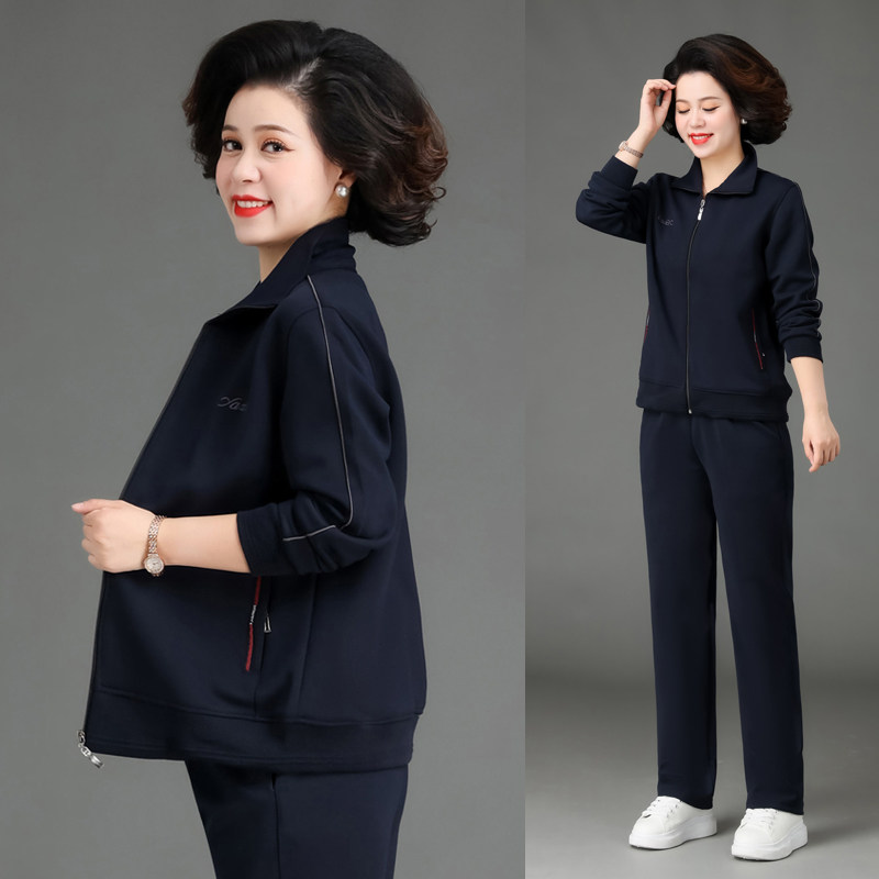 中老年运动服套装女春秋季新款妈妈装红色外套大码女装休闲两件套