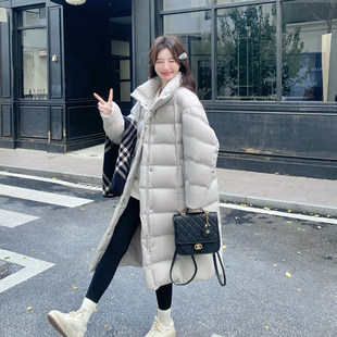 灰白色中长款立领泡芙感羽绒服女2025冬韩系宽松保暖90白鸭绒外套