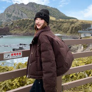 咖色复古针织翻领短款印花羽绒服女2025冬小个子加厚90白鸭绒外套