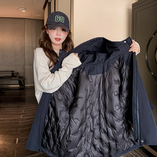 藏青色连帽羽绒服小个子女装加厚外套 冬季通勤短款白鸭绒记忆面