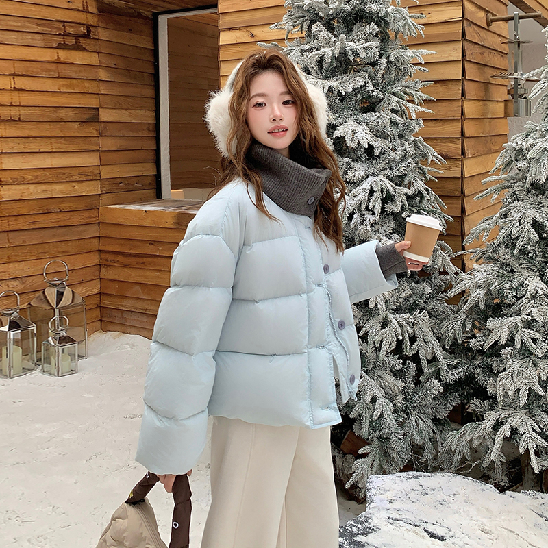 巨好看蓝色设计感立领羽绒服女冬2025新款韩系休闲加厚白鸭绒外套