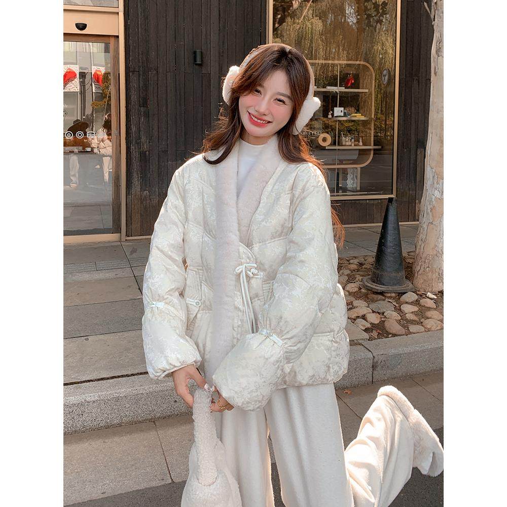 白色新中式国风盘扣羽绒服女2025冬季新款设计感加厚90白鸭绒外套
