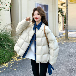 米色假两件牛仔拼接短款羽绒服女2025冬季小个子保暖90白鸭绒外套