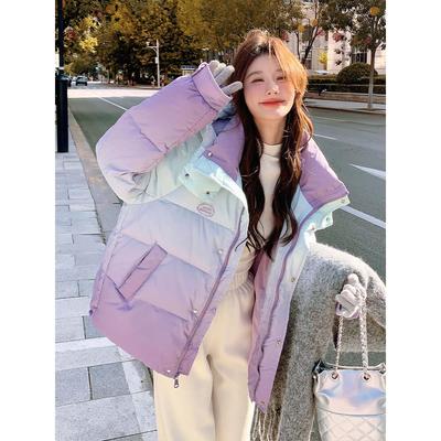 蓝紫色渐变连帽羽绒服女短款2025冬季超好看保暖加厚90白鸭绒外套