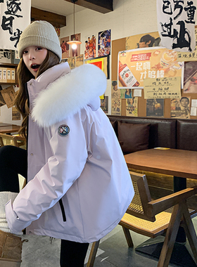 粉紫色工装派克羽绒服女冬季2025新款宽松极寒保暖90白鸭绒厚外套