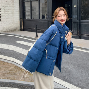 蓝色小个子短款立领羽绒服女2025冬季韩系保暖减90白鸭绒加厚外套