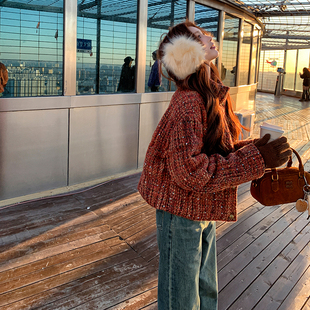 高级感超好看红色短款立领小香风羽绒服女冬独特小众粗花呢子外套
