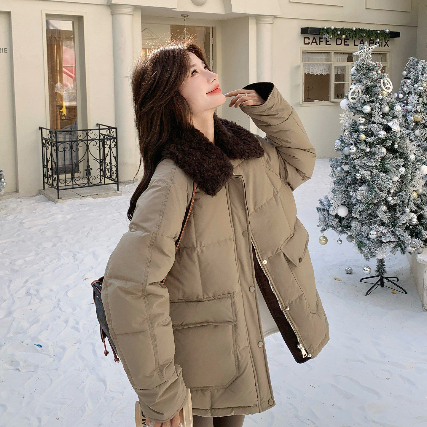 卡其色韩系羊羔毛领工装羽绒服女2025冬季中长款保暖90白鸭绒外套,女装/女士精品,羽绒服,淘宝优惠券,粉丝福利购,淘宝优惠卷