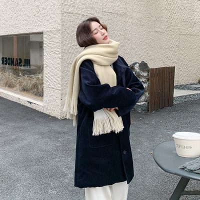 藏青色韩系中长款灯芯绒立领羽绒服女2025冬气质保暖90白鸭绒外套