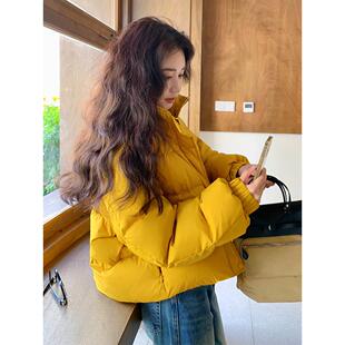 黄色小个子立领羽绒服女段款2024冬季新款加厚保暖90白鸭绒面包服
