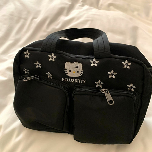 【NYE】中古猫咪黑色刺绣旅行化妆收纳包大容量分层手提便携