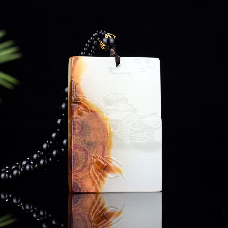 天然玉石新疆和田玉籽料吊坠白玉山水牌子挂件项链坠原皮玉平安牌