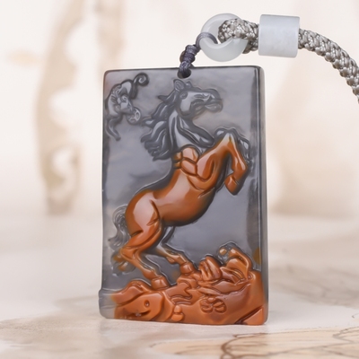 天然黄龙玉生肖马吊坠男女款天然玉石马上有福玉牌项链坠挂件玉器