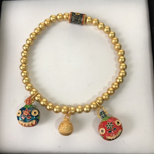 925纯银古法银珠子手串吞金兽一家三口手链挂链吊坠精工版提溜女